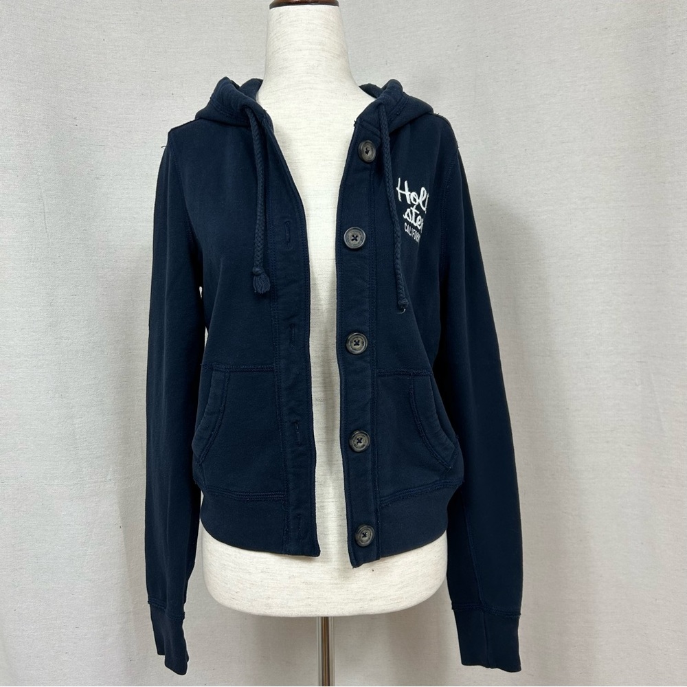 Hollister Vintage Y2K Dark Blue Button Up Hoodie with Logo
